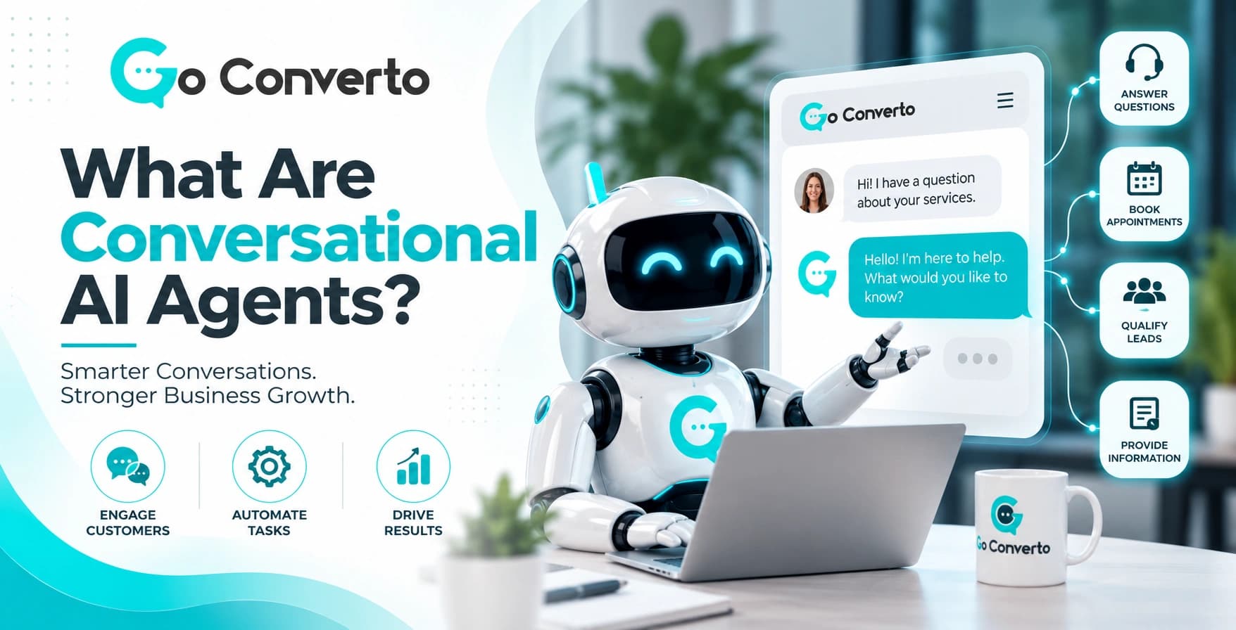 What Are Conversational AI Agents? Business Guide Friendly white robot using a laptop next to a digital customer support chatbot interface in an office.