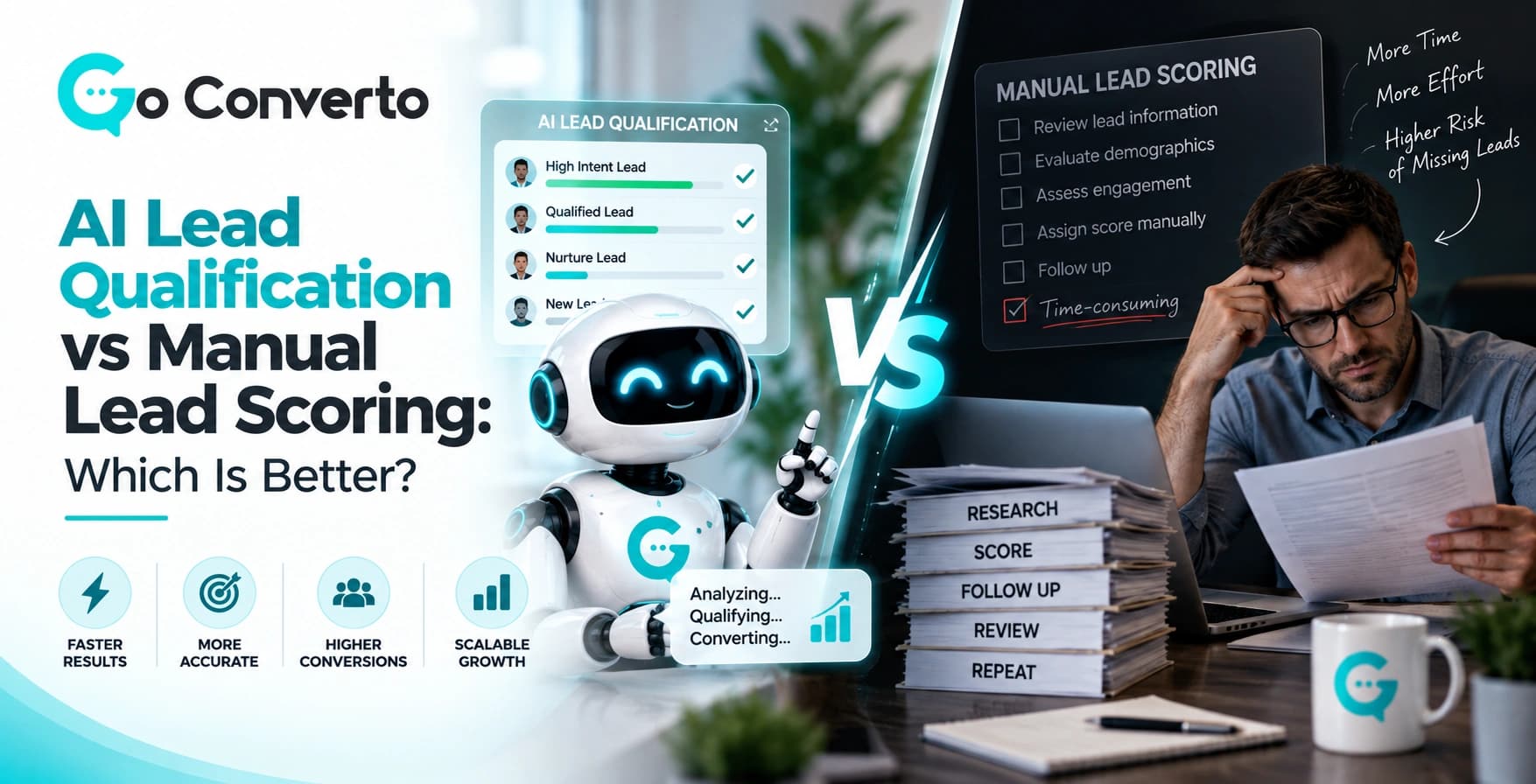 AI Lead Qualification vs Manual Lead Scoring Which Is Better Comparison of AI lead qualification with a friendly robot versus manual lead scoring with a stressed worker.