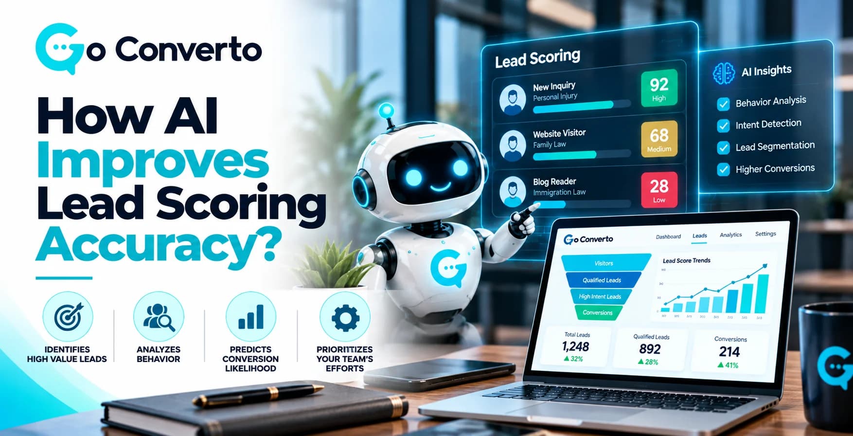 How AI Improves Lead Scoring Accuracy & Conversion 3D AI robot pointing at a digital lead scoring dashboard next to an analytics laptop on an office desk.