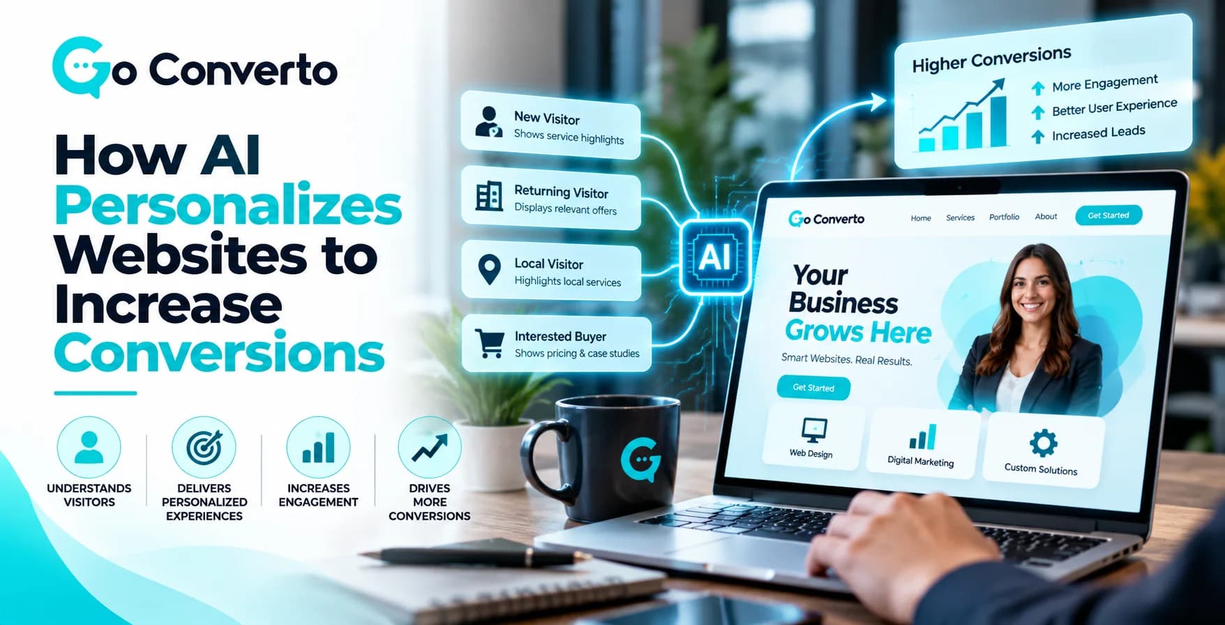 How AI Personalizes Websites to Increase Conversions Laptop displaying an AI website personalization dashboard alongside a Go Converto mug and visitor segmentation workflow.