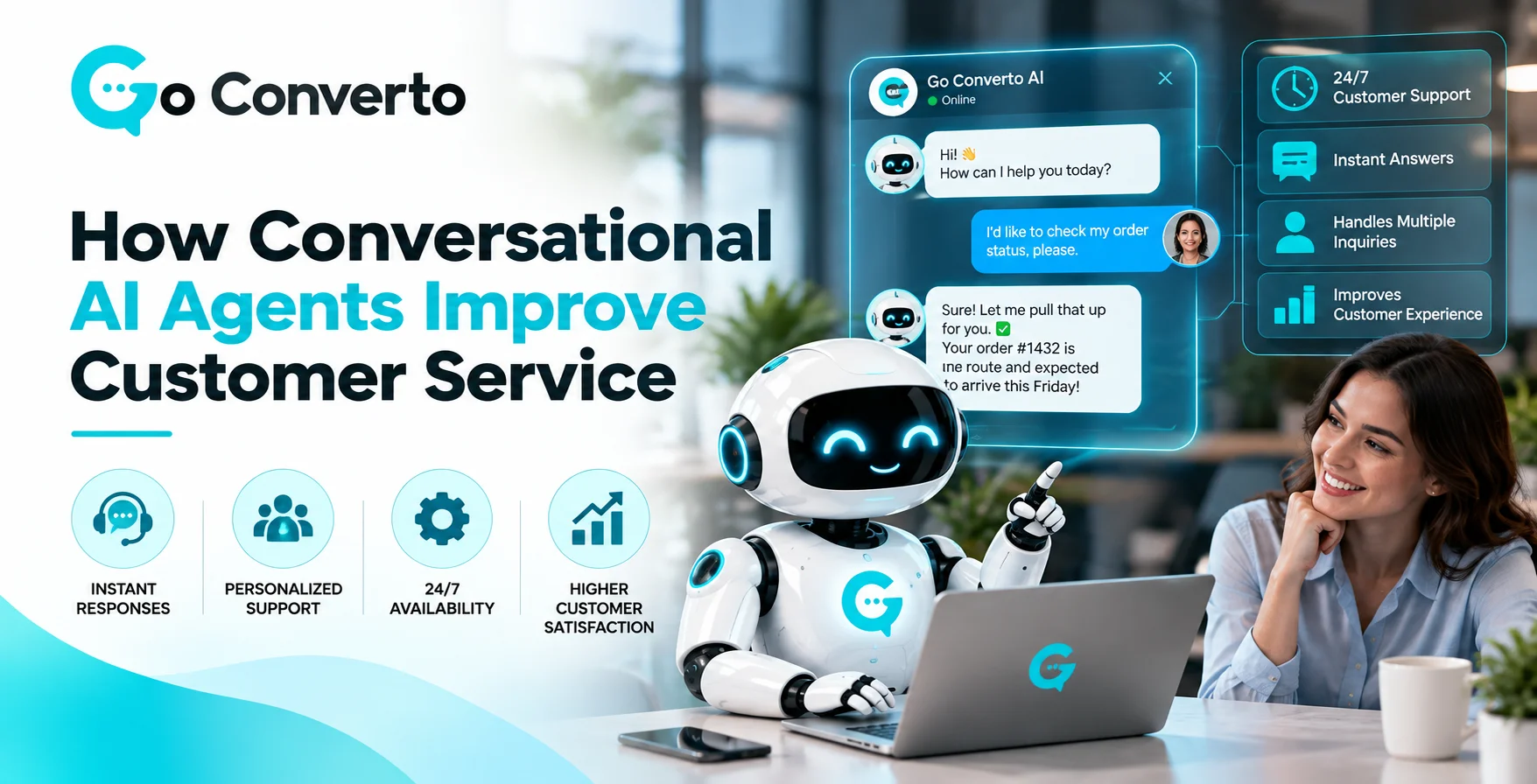 How Conversational AI Agents Improve Customer Service Friendly robot using a conversational AI agent interface to provide 24/7 customer support and instant answers with Go Converto.