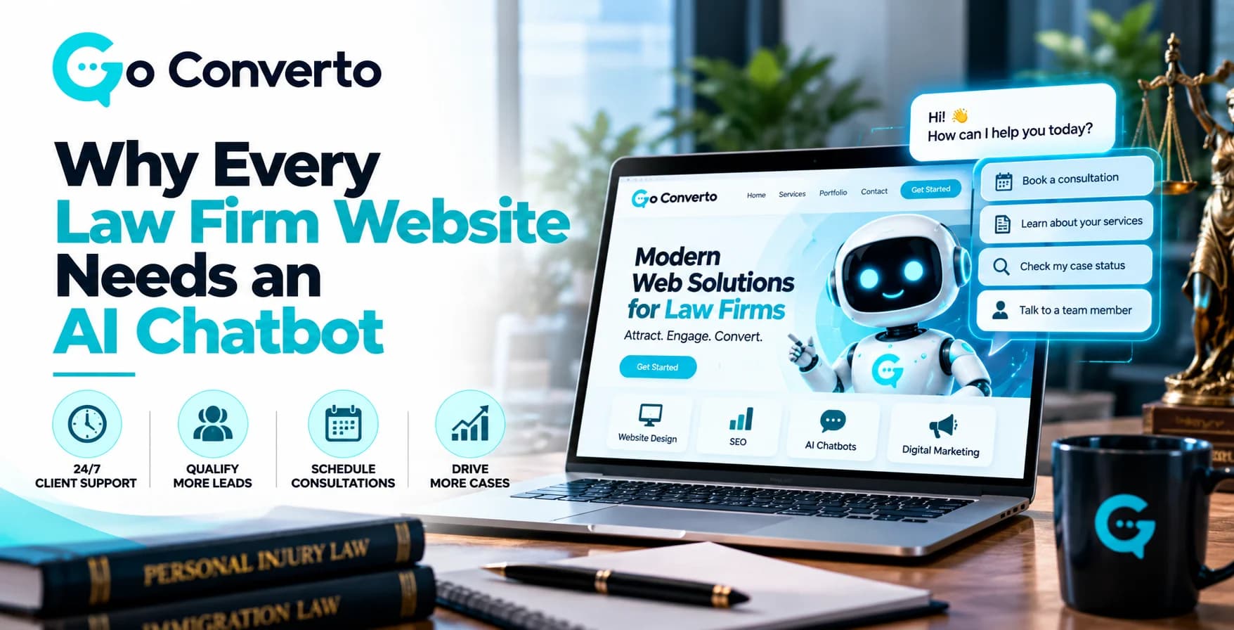 Why Every Law Firm Website Needs an AI Chatbot Laptop screen displaying an AI chatbot interface for legal websites on an attorney desk with law books.
